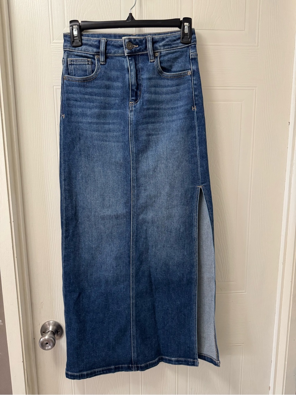 Dark Blue Denim Maxi Skirt with Side Slit